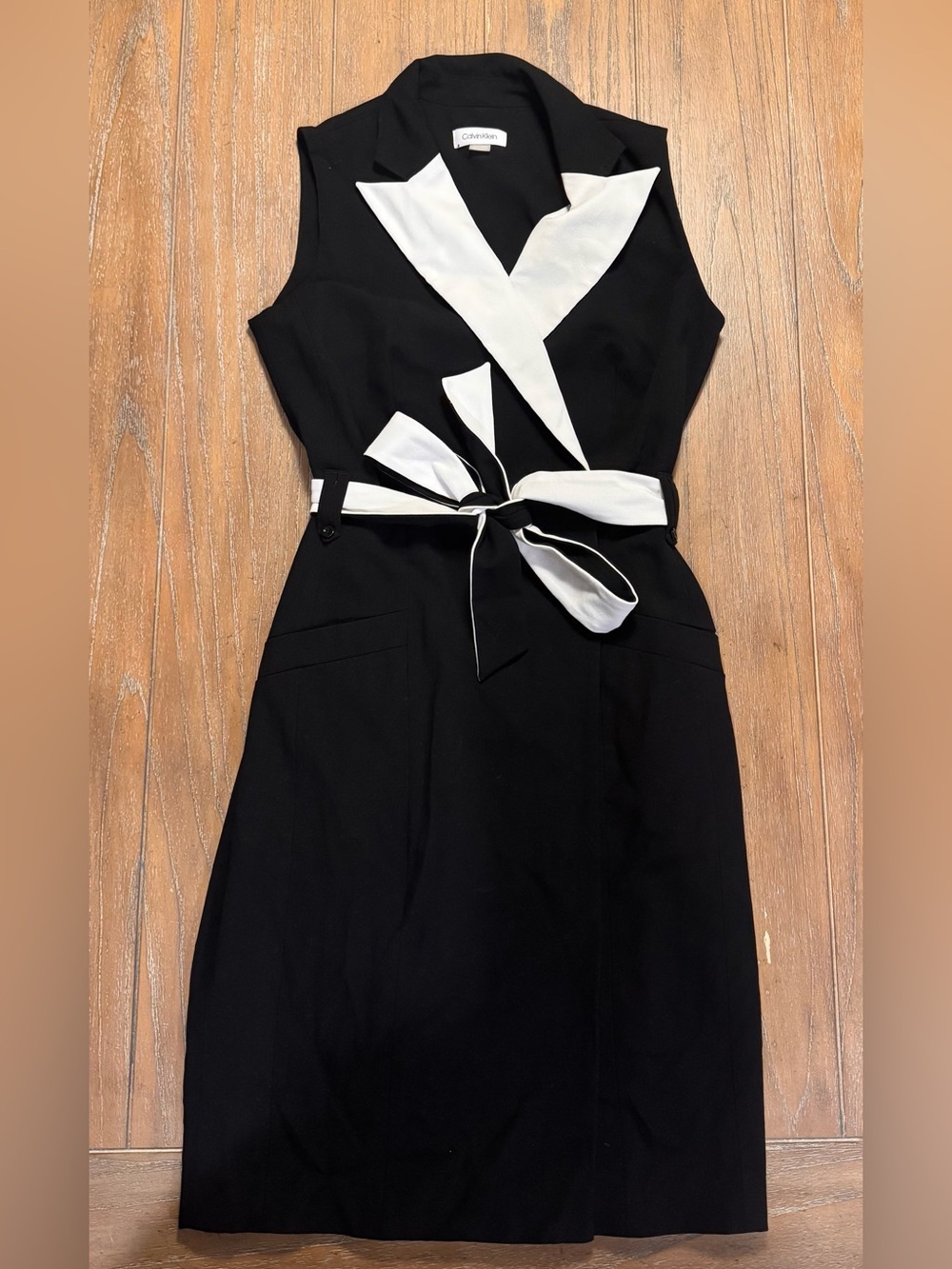 Calvin Klein Black Midi Dress with White Lapel and Tie #82